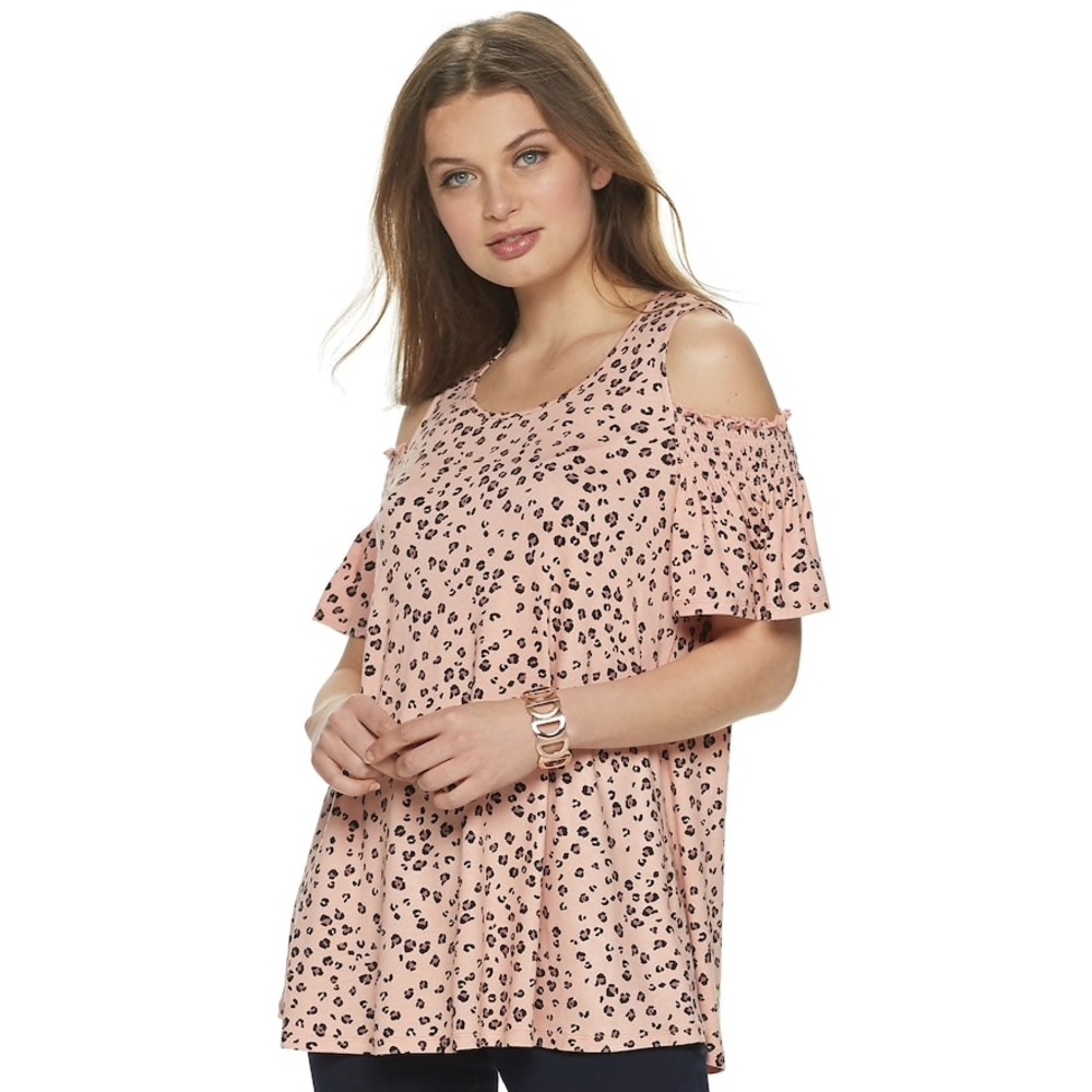 New! Elle Pink Leopard Print cold-shoulder top